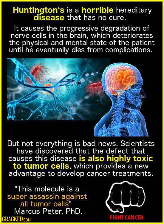 Huntington's is a horrible hereditary disease that has no cure. It causes the progressive degradation of nerve cells in the brain, which deteriorates