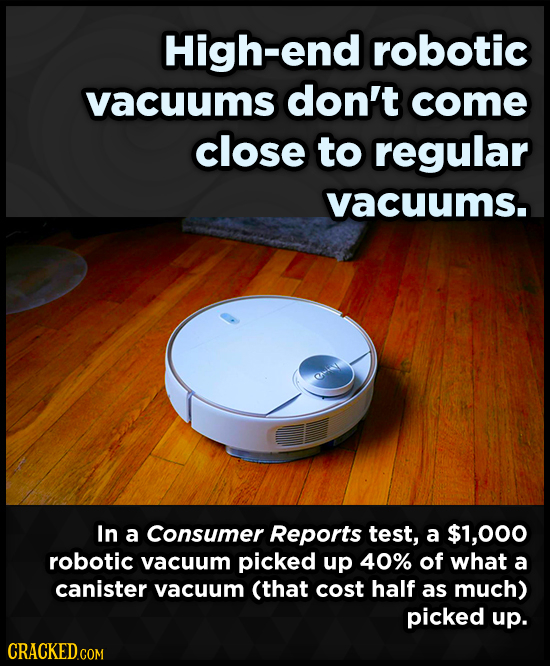 High-end robotic vacuums don't come close to regular vacuums. In a Consumer Reports test, a $1,000 robotic vacuum picked up 40% of what a canister vac