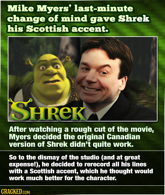 Mike Myers' last-minute change of mind gave Shrek his Scottish accent. SHREK After watching a rOugh cut of the movie, Myers decided the original Canad