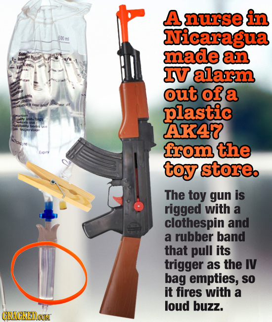 A nurse in Nicaragua 600 made an IV alarm out of a oor and plastic ally SAOS ibility e AK47 from the Expry toy store. The toy gun is rigged with a clo
