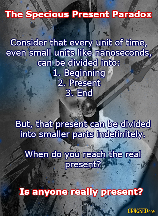 The Specious Present Paradox Consider that every unit of time, even small units like nanoseconds, can be divided into: 1. Beginning 2. Present 3. End