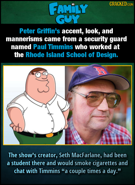 FAMILY CRACKED CO GUY Peter Griffin's accent, look, and mannerisms came from a security guard named Paul Timmins who worked at the Rhode Island School