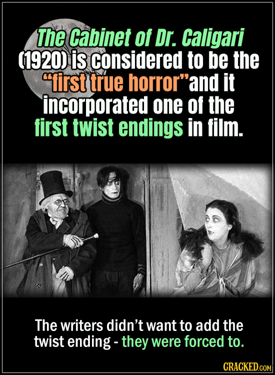 18 Horror Movies That Did It First- The Cabinet of Dr. Caligari of 1920 is considered to be the “first true horror”and it incorporated one of the firs
