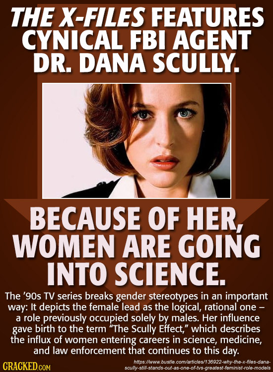 THE X-FILES FEATURES CYNICAL FBI AGENT DR. DANA SCULLY. BECAUSE OF HER, WOMEN ARE GOING INTO SCIENCE. The '9os TV series breaks gender stereotypes in 