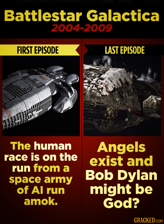 Battlestar Galactica 2004-2009 FIRST EPISODE LAST EPISODE The human Angels race is on the exist and run from a Bob Dylan space army of Al run might be