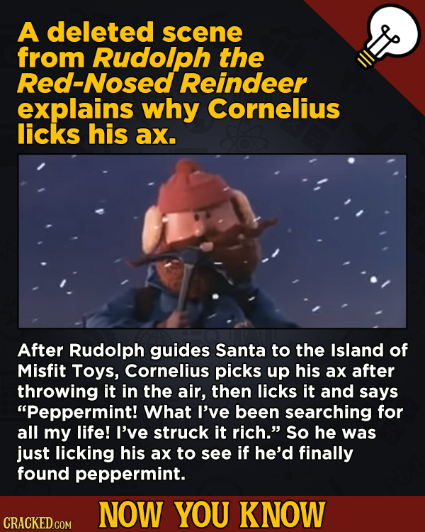 13 Surprising Facts About Movies (And A Ton Of Other Things) - A deleted scene from Rudolph the Red-Nosed Reindeer explains why Cornelius licks his
