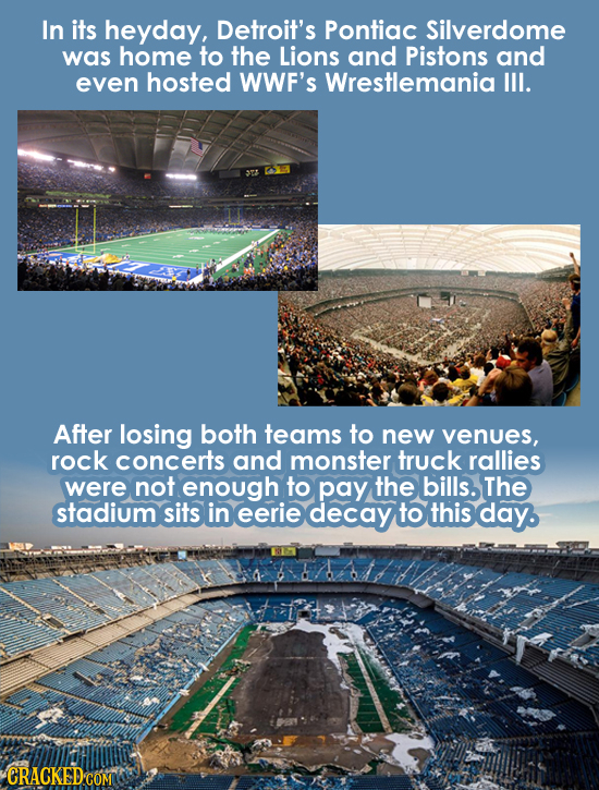 In its heyday, Detroit's Pontiac Silverdome was home to the Lions and Pistons and even hosted WWF'S Wrestlemania III. After losing both teams to new v