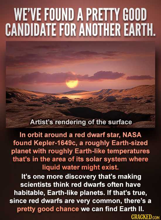 WE'VE FOUND A PRETTY GOOD CANDIDATE FOR ANOTHER EARTH. Artist's rendering of the surface ustration In orbit around a red dwarf star, NASA found Kepler
