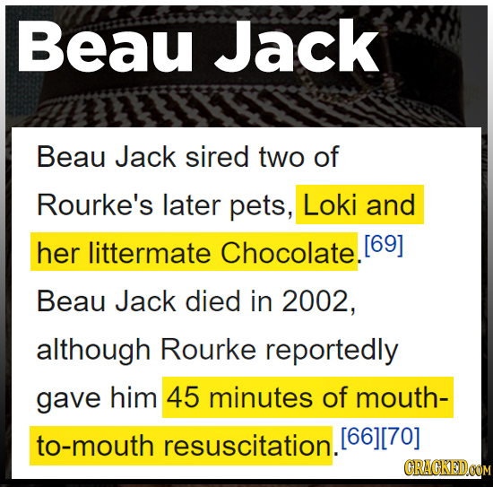 Beau Jack Beau Jack sired two of Rourke's later pets, Loki and her littermate Chocolate. [69] Beau Jack died in 2002, although Rourke reportedly gave 