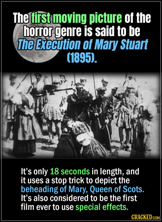 18 Horror Movies That Did It First - The first moving picture of the horror genre is said to be The Execution of Mary Stuart (1895).
It’s only 18 seco