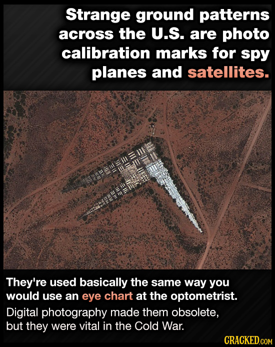 Strange ground patterns across the U.S. are photo calibration marks for spy planes and satellites. They're used basically the same way you would use a
