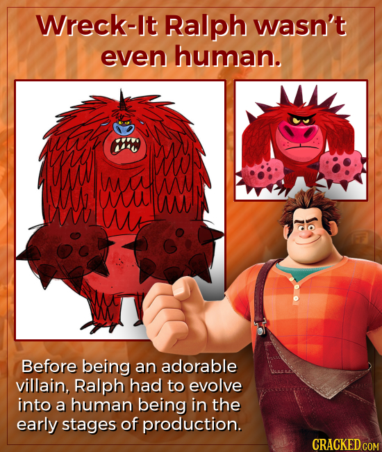 Wreck-It Ralph wasn't even human. f m IW MA Mw UMW Wu W w ww Before being an adorable villain, Ralph had to evolve into a human being in the early sta