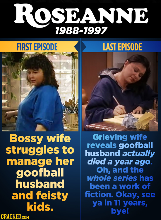 ROSEANNE SEANNE 1988-1997 FIRST EPISODE LAST EPISODE Bossy wife Grieving wife struggles reveals goofball to husband actually manage her died a year ag