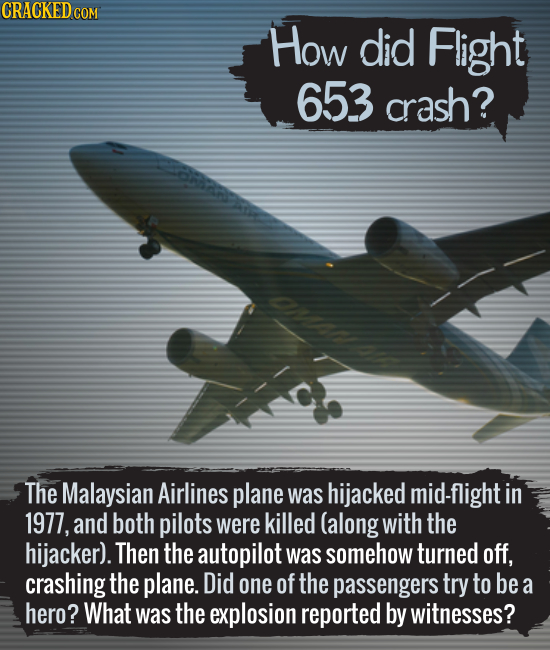 How did Flight 653 crash? The Malaysian Airlines plane was hijacked mid-flight in 1977, and both pilots were killed (along with the hijacker