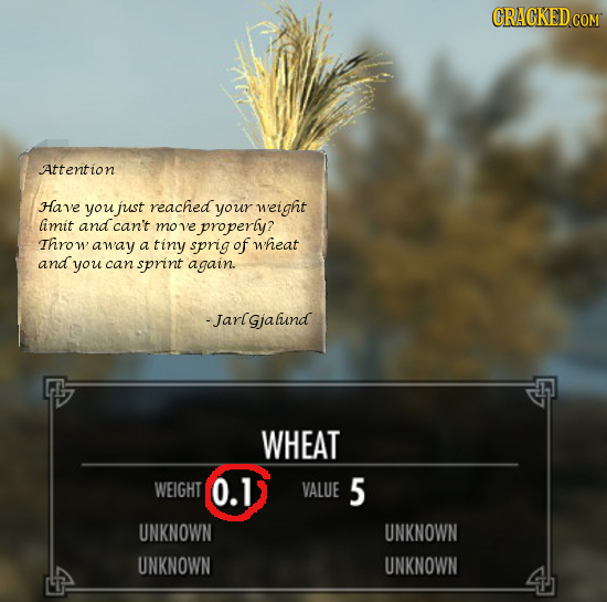 Attention Have you just reached your weight limit and can't move properly? Thro1 W away a tiny sprig of wheat and you can sprint again. -Jarlgjaluind