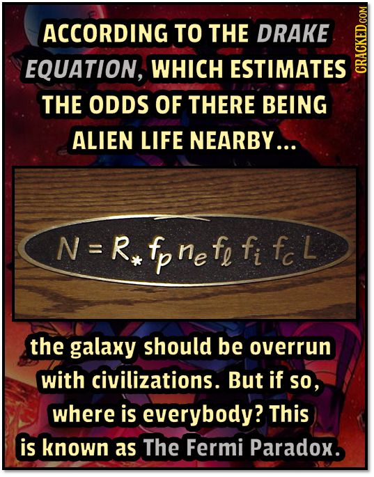 ACCORDING TO THE DRAKE EQUATION, WHICH ESTIMATES CRAUN THE ODDS OF THERE BEING ALIEN LIFE NEARBY... N=Rpnefe fi Fc L ne L the galaxy should be overrun