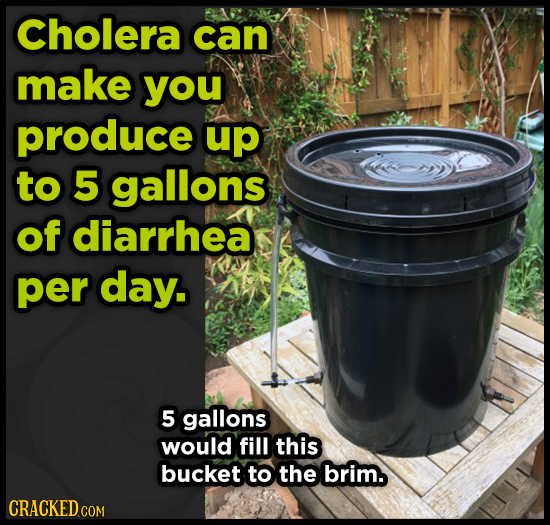 Cholera can make you produce up to 5 gallons of diarrhea per day. 5 gallons would fill this bucket to the brim. CRACKEDCON