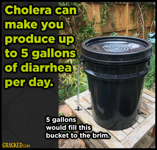 Cholera can make you produce up to 5 gallons of diarrhea per day. 5 gallons would fill this bucket to the brim. CRACKEDCON 