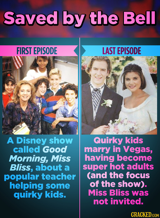 Saved by the Bell FIRST EPISODE LAST EPISODE A Disney show Quirky kids called Good marry in Vegas, Morning, Miss having become Bliss, about a super ho