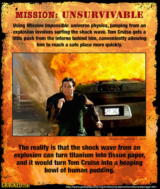 MISSION: UNSURVIVABLE Using Mission Impossible universe physics, jumping from an -explosion involves surfing the shock wave. Tom Cruise gets a little