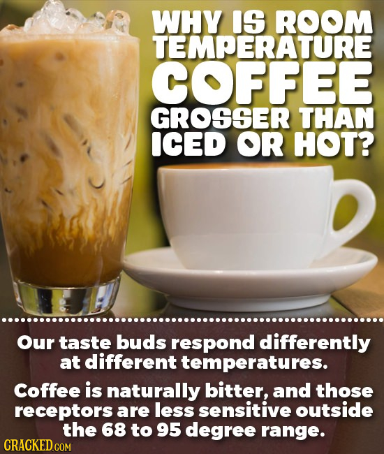 WHY IS ROOM TEMPERATURE COFFEE GROSSER THAN ICED OR HOT? Our taste buds respond differently at different temperatures. Coffee is naturally bitter, and