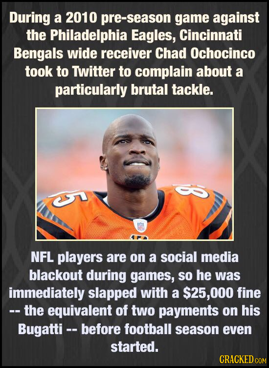 During a 2010 pre-season game against the Philadelphia Eagles, Cincinnati Bengals wide receiver Chad Ochocinco took to Twitter to complain about a par