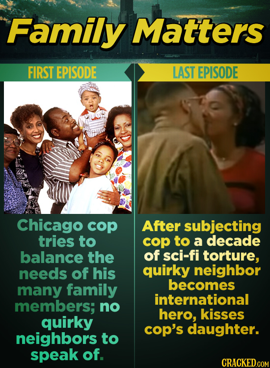 Family Matters FIRST EPISODE LAST EPISODE Chicago cop After subjecting tries to cop to a decade balance the of sci-fi torture, needs of his quirky nei