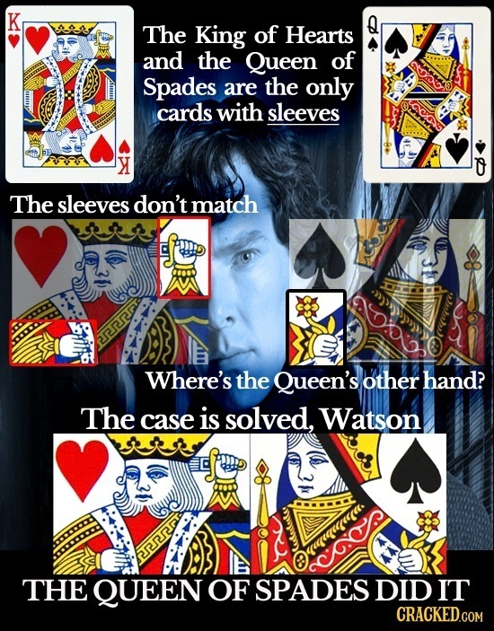 K The King of Hearts and the Queen of 200 Spades are the only cards with sleeves OVAG Y 0 The sleeves don't match Where's the Queen's other hand? The
