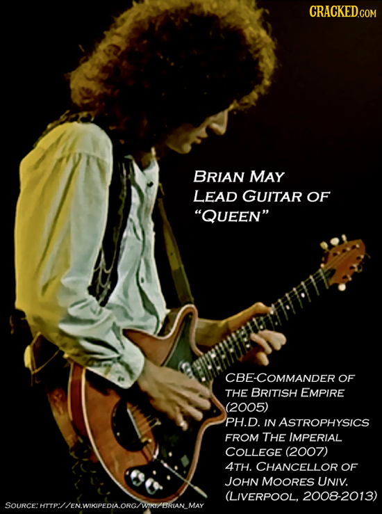 CRACKED.COM BRIAN MAY LEAD GUITAR OF QUEEN CBE-COMMANDER OF THE BRITISH EMPIRE (2005) PH.D. IN ASTROPHYSICS FROM THE IMPERIAL COLLEGE (2007) 4TH. CH
