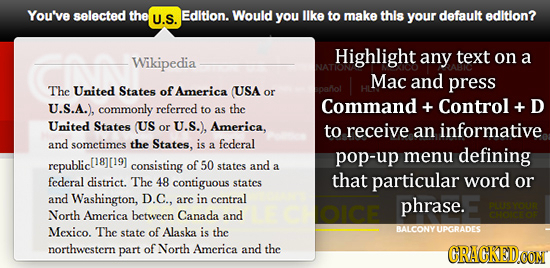 You've selected thel U.S. Edition. Would you llke to make this your default edition? Highlight Wikipedia any text on a Mac and press The United States