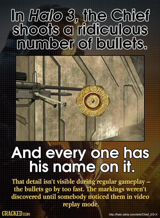 In Halo 3, the Chief shoots a ridiculous number of bullets. C 3 G5 And every one has his name on it. That detail isn't visible during regular gameplay