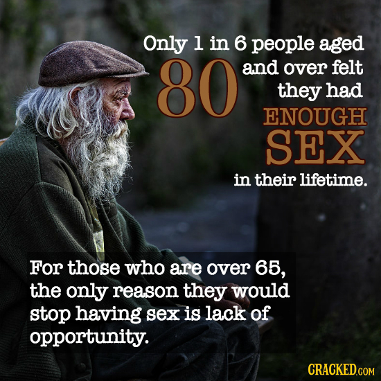 Only l in 6 people aged 80 and over felt they had ENOUGH SEX in their lifetime. For those who are over 65, the only reason they would stop having sex