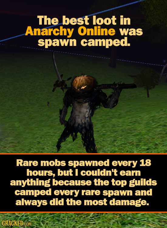 The best loot in Anarchy Online was spawn camped. Rare mobs spawned every 18 hours, but I couldn't earn anything because the top guilds camped every r