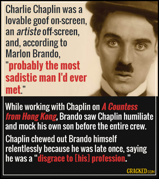 Charlie Chaplin was a lovable goof on-screen, an artiste screen, and, according to Marlon Brando, probably the most sadistic man I'd ever met. While