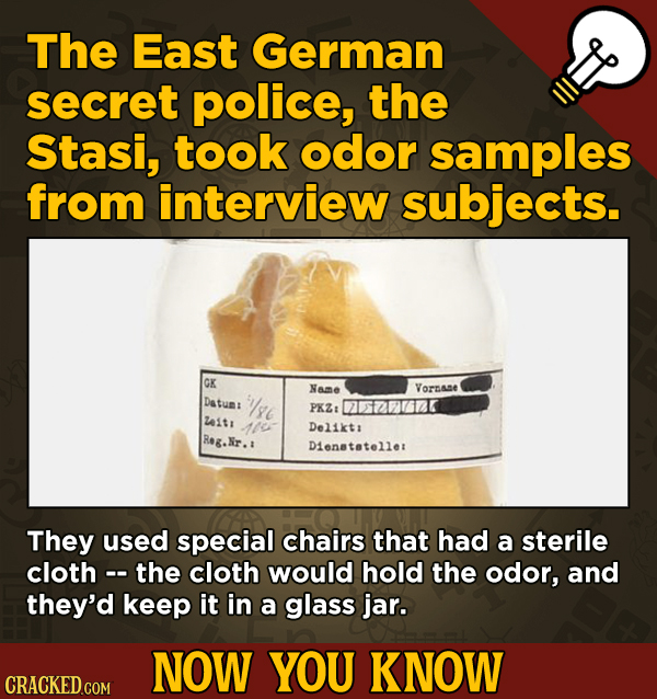 13 Surprising Facts About Movies (And A Ton Of Other Things) - The East German secret police, the Stasi, took odor samples from interview subjects.