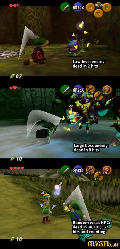 Navi Altack Low-level enemy: dead in 2 hits 02 Altack BO 20 10 Large boss enemy: dead in 8 hits 10 speak 29 19 10 Random weak NPC: dead in 38,401552 h