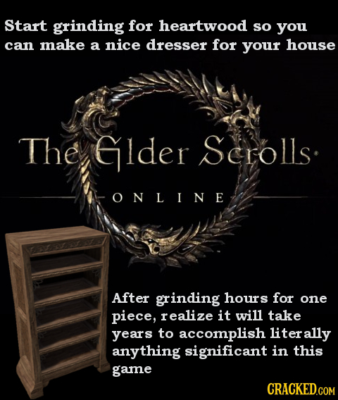 Start grinding for heartwood so you can make a nice dresser for your house They Glder Scrolls ONLINE After grinding hours for one piece, realize it wi