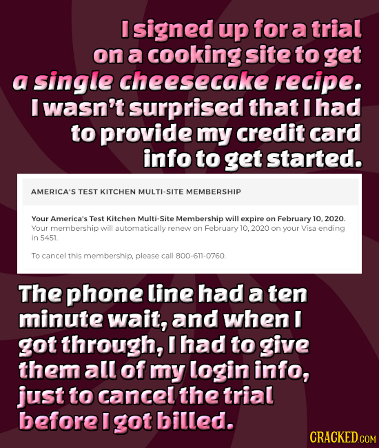 I signed up for a trial on a cooking site to get a single cheesecake recipe. I wasn't surprised that I had to provide my credit card info to get start