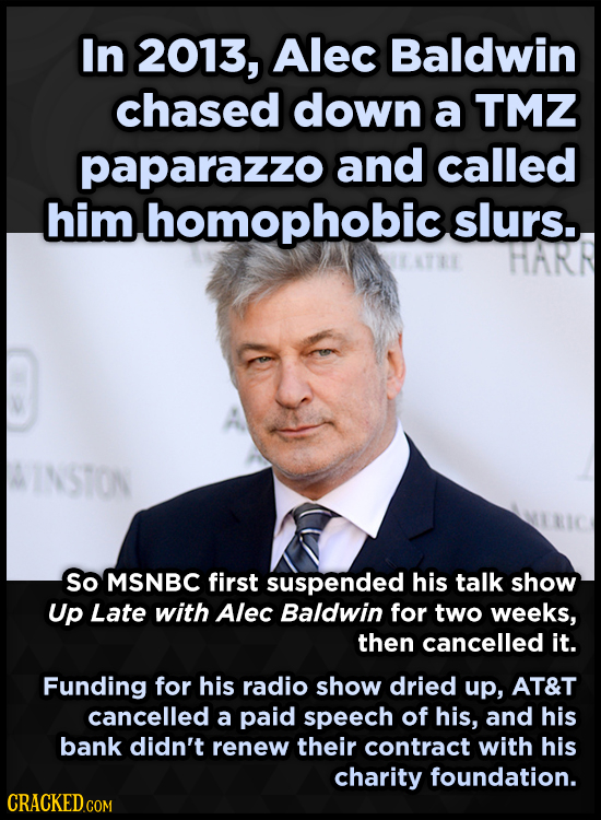 In 2013, Alec Baldwin chased down a TMZ paparazzo and called him homophobic slurs. HARR INSTON So MSNBC first suspended his talk show Up Late with Ale