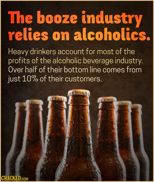 The booze industry relies on alcoholics. Heavy drinkers account for most of the profits of the alcoholic beverage industry. Over half of their bottom