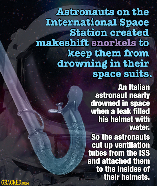 Astronauts on the International Space Station created makeshift snorkels to keep them from drowning in their space suits. An Italian astronaut nearly