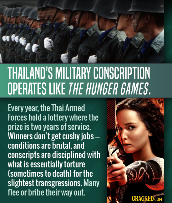 THAILAND'S MILITARY CONSCRIPTION OPERATES LIKE THE HUNGER GAMES. Every year, the Thai Armed Forces hold a lottery where the prize is tWO years of serv