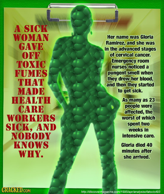A SICK WOMAN Her name was Gloria GAVE Ramirez, and she was in the advanced stages OFF of cervical cancer. TOXIC Emergency room nurses noticed a FUMES