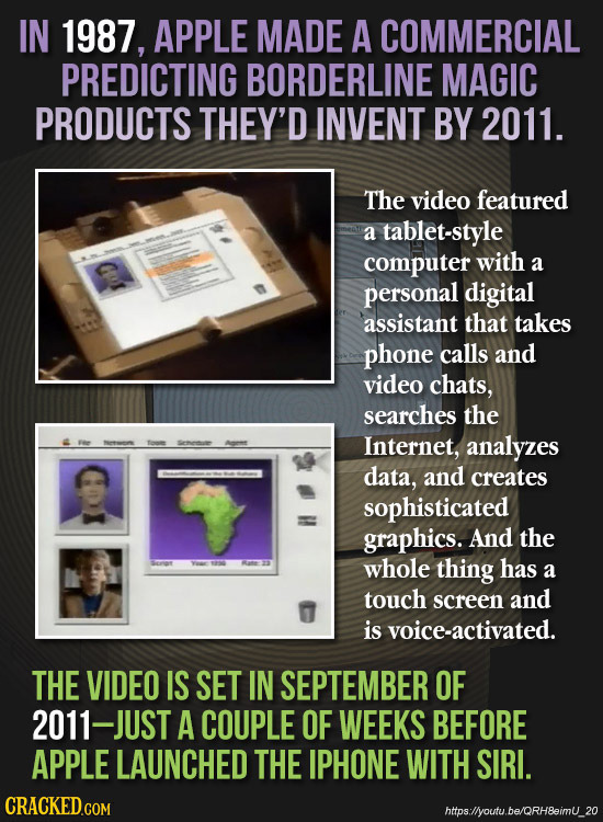 IN 1987, APPLE MADE A COMMERCIAL PREDICTING BORDERLINE MAGIC PRODUCTS THEY'D INVENT BY 2011. The video featured a tablet-style computer with a persona