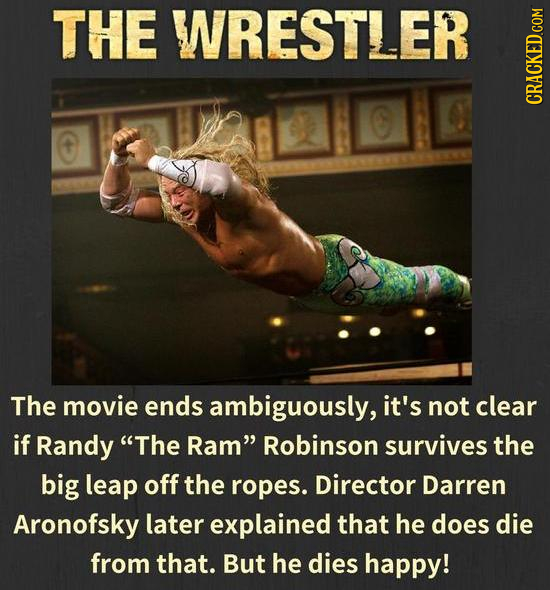 THE WRESTLER CRACKED.GOM The movie ends ambiguously, it's not clear if Randy The Ram Robinson survives the big leap off the ropes. Director Darren A