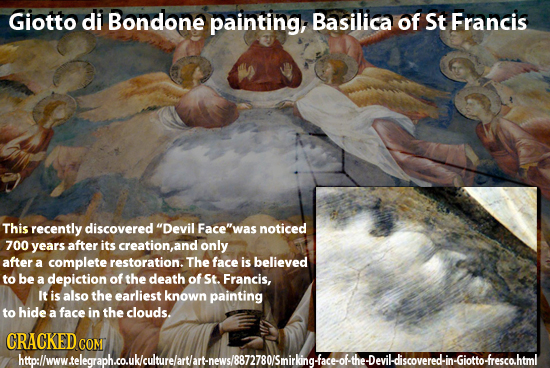 Giotto di Bondone painting, Basilica of St Francis This recently discovered Devil Face'was noticed 700 years after its creation,an only after a comp