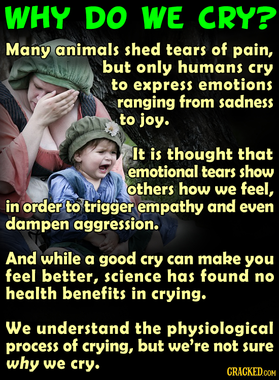 WHY DO WE CRY? Many animals shed tears of pain, but only humans cry to express emotions ranging from sadness to joy. It is thought that emotional tear