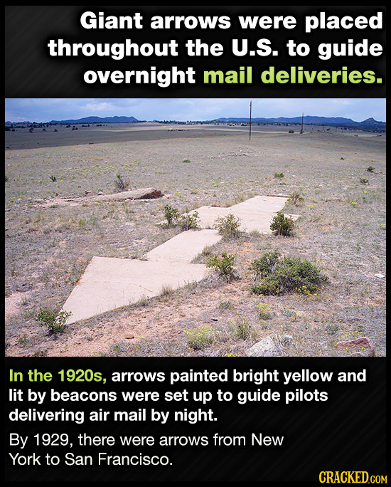 Giant arrows were placed throughout the U.S. to guide overnight mail deliveries. In the 1920s, arrows painted bright yellow and lit by beacons were se