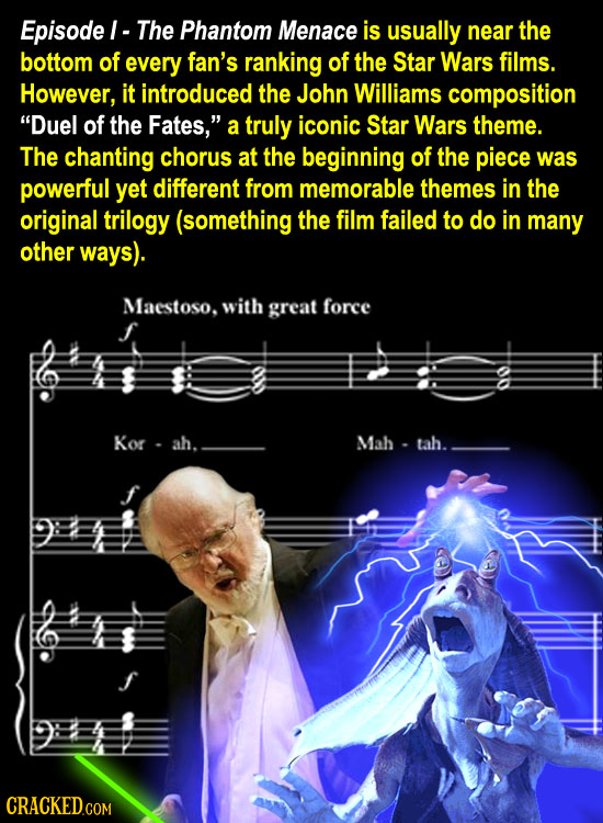 Episode The Phantom Menace is usually near the bottom of every fan's ranking of the Star Wars films. However, it introduced the John Williams composi