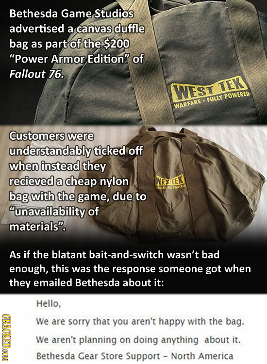 Bethesda Game. Studios advertised a canvas duffle bag as part of the $200 Power Armor Edition of Fallout 76. WEST TEK POWERED EULLY WARFARE Customer